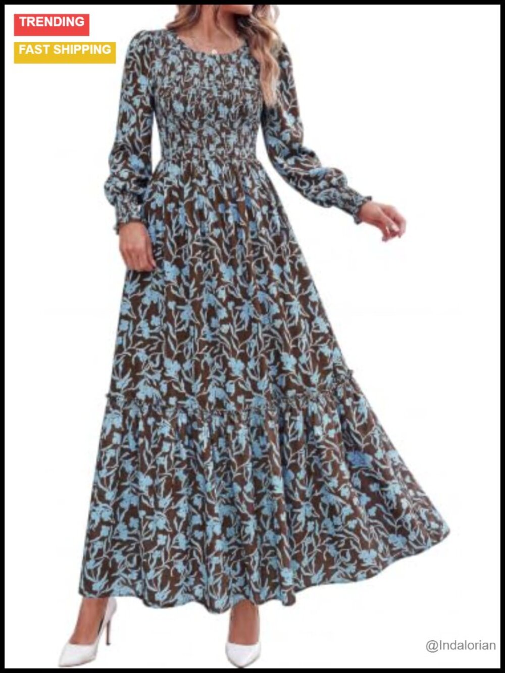 Women's Long Sleeve Floral Maxi Dress with Pockets Casual Fall A-Line